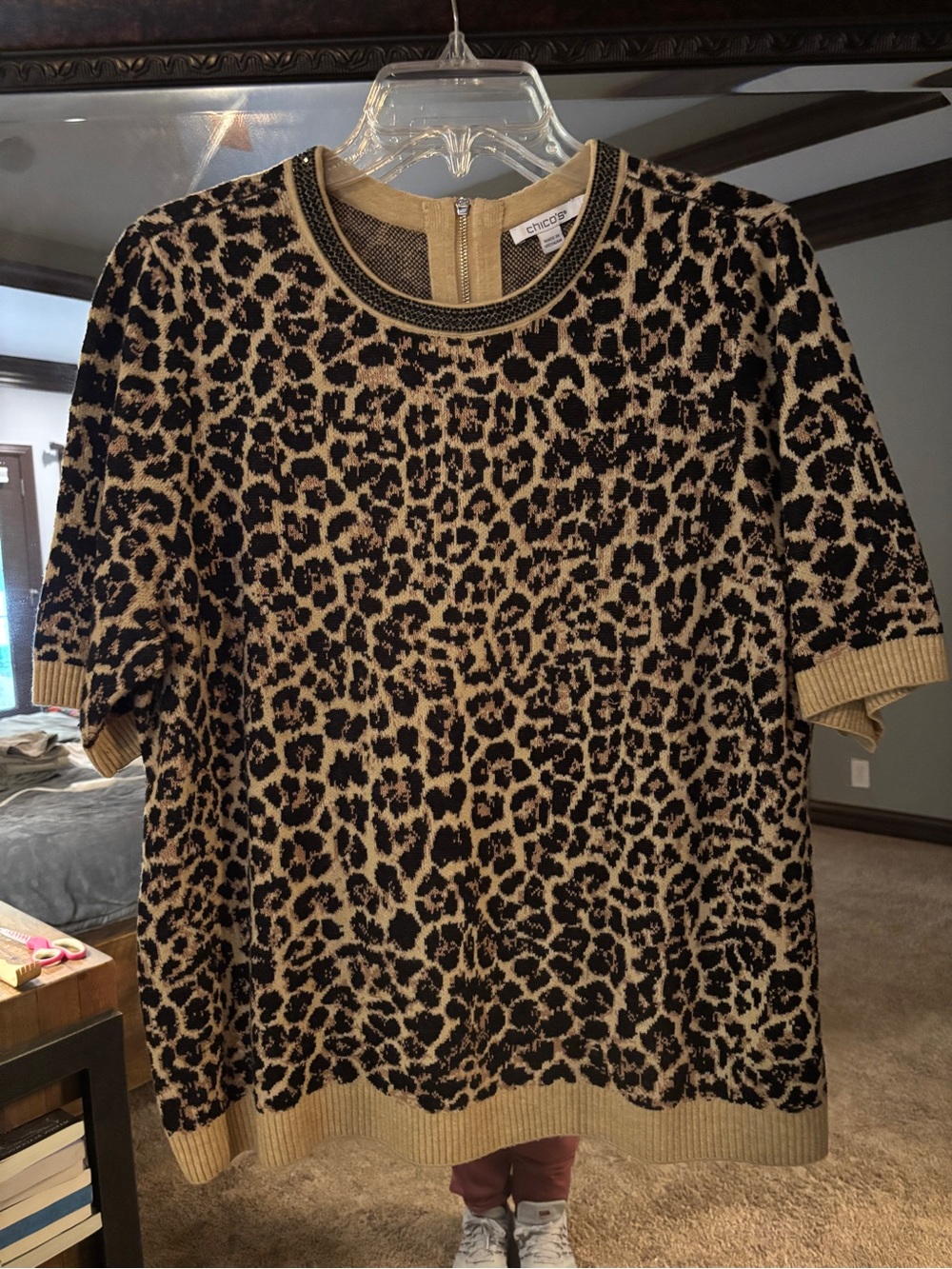 Chico's Leopard Jacquard Short Sleeve Sweater in Tan and Black